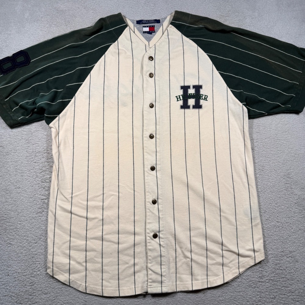 Vintage 90s Tommy Hilfiger Baseball Jersey L Green Cream Pinstripe embroidered